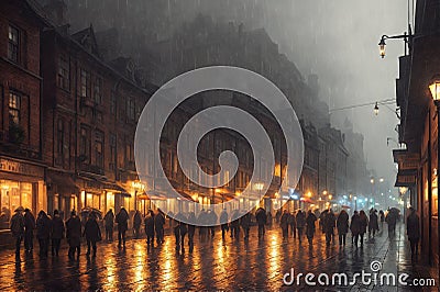 Rainy night street in a city, old architecture, houses, random people, street lighting and foggy. Generative AI Stock Photo