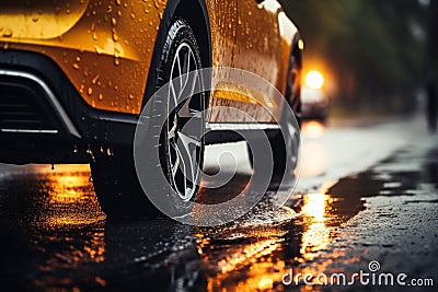 Rainy road drama Car tires navigate wet terrain, close up focus Stock Photo