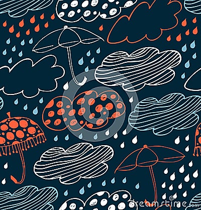 Rainy seamless decorative background. Cute pattern with clouds, umbrellas and drops of rain. Vector Illustration