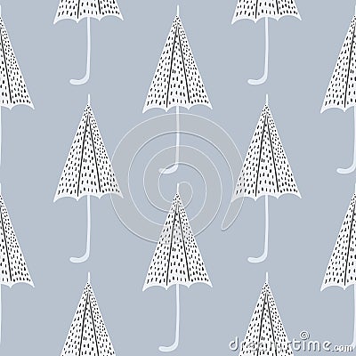 Rainy seamless pattern with dotted white umbrella ornament. Blue background Cartoon Illustration