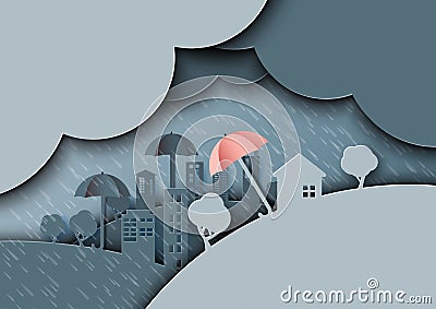 Rainy season monsoon background paper art style. Vector Illustration