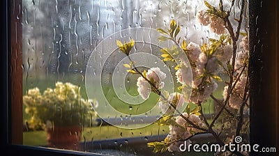 Rainy sunny day, spring tree flowers, beautiful landscape photo, flowers in pot, view through the windows, drops of rain Stock Photo