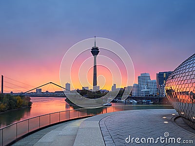 Rainy sunrise in the city of Dusseldorf in Germany Stock Photo