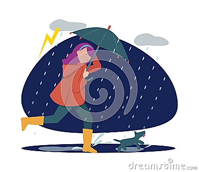 Rainy walking with dog. Girl with umbrella in storm weather, autumn season. Pet holder walk time vector illustration Vector Illustration