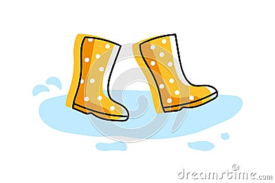 Rainy weather. Bright yellow boots walking in puddle. Yellow high rubber boots isolated on white. Polka dot yellow shoe Vector Illustration