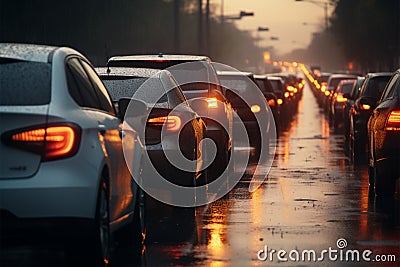 Rainy weather, car traffic jam, road congestion scene Stock Photo
