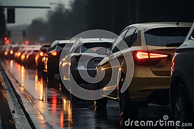 Rainy weather, car traffic jam, road congestion scene Stock Photo