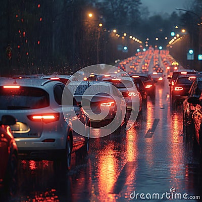 Rainy weather, car traffic jam, road congestion scene Stock Photo