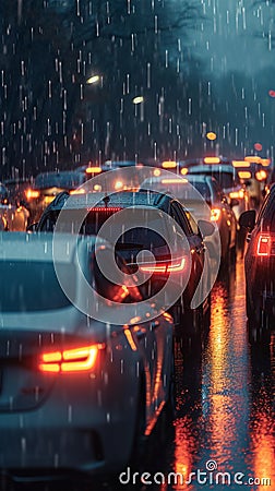 Rainy weather, car traffic jam, road congestion scene Stock Photo