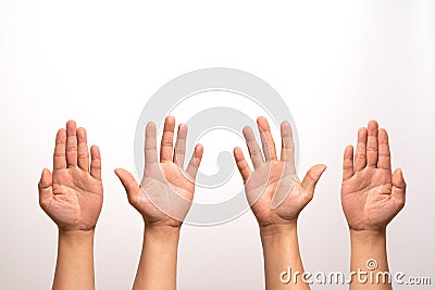 Raise hand up, left and right hand raise isolate on white backgrounds in four action. Stock Photo