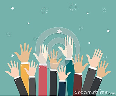 Raise hands Hand gesturing Volunteering Voting. Green background. Vector illustration Vector Illustration