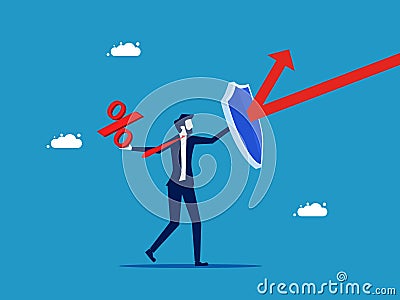 Raise interest rates to prevent the bubble crisis. Businessman holding shield percent icon Vector Illustration