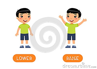 RAISE and LOWER antonyms flashcard vector template. Vector Illustration