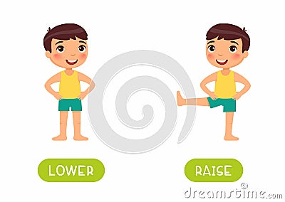 Raise and lower antonyms flashcard vector template. Vector Illustration