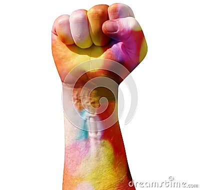 Raised clenched fist in rainbow colors isolated on white background. LGBT lesbian and gay or socialism, communism, revolution, wor Stock Photo