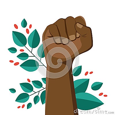 Raised fist. Clenched fist black leather. The concept of international unity and cooperation. Vector Illustration