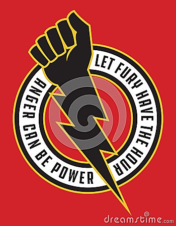 Raised fist lightning bolt anger protest badge. Vector Illustration