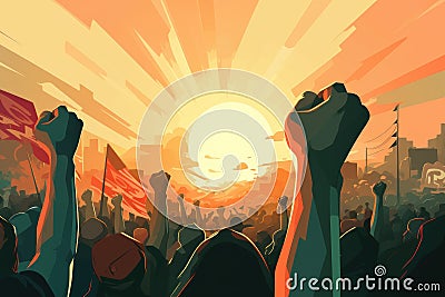 A raised fist of a protestor. large group of protesters. Stock Photo