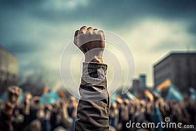 A raised fist of a protestor. large group of protesters. Generative AI Stock Photo
