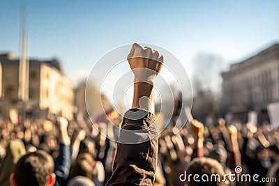A raised fist of a protestor. large group of protesters. Generative AI Stock Photo