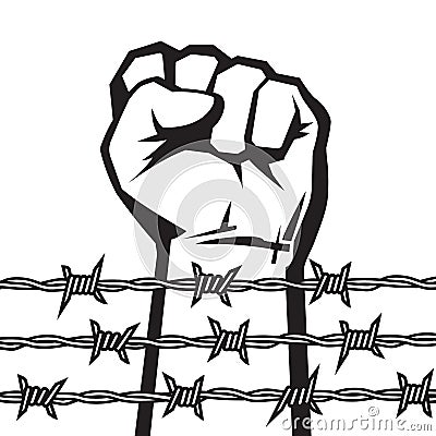 Raised hand with clenched fist behind barbed wire. Vector. Vector Illustration