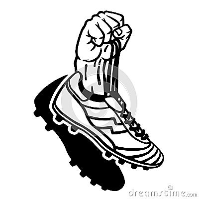 Raised hand holding football boots. Cartoon Illustration