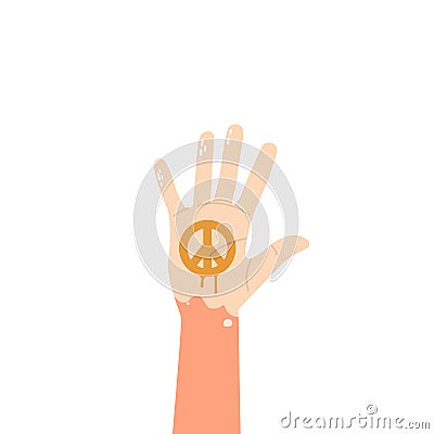 Raised Hand With Vibrant Painted Peace Symbol, Reaches Upward. Vivid Expression Of Harmony And Unity Vector Illustration