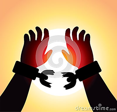 vector raised hands with broken chains Vector Illustration