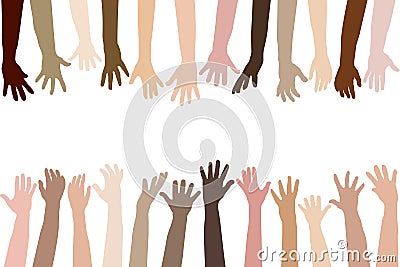 Raised hands of different race skin Vector Illustration