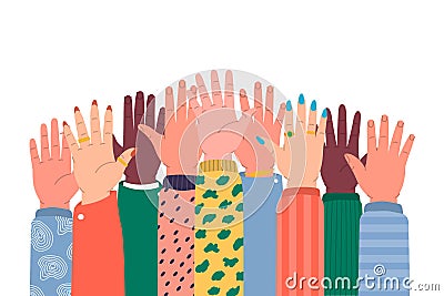 Raised hands. Human hands different skin colors. Human arms with accessories rising together. Teamwork, collaboration Vector Illustration