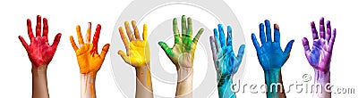 Raised hands painted in the colors of the rainbow isolated on white background Stock Photo