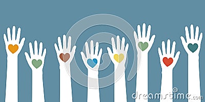 Raised human hands with heart isolated on white background Vector Illustration