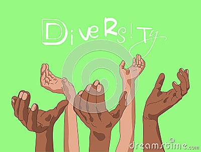 Raised human hands set. Multiracial people together. Diversity concept Vector Illustration