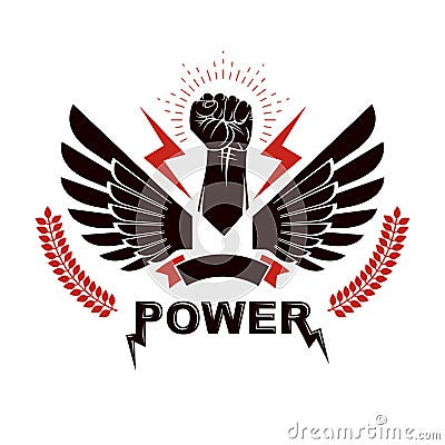 Raised strong clenched fist composed with lightning, winged logo Vector Illustration