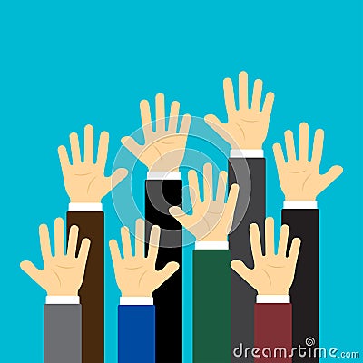 Raised up hands on blue background. Vector illustration Cartoon Illustration