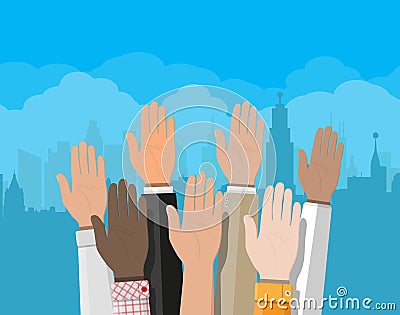 Raised up hands. People vote hands. Vector Illustration