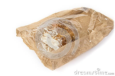 Raisin nuts bread pack in used brown paper bag. Stock Photo