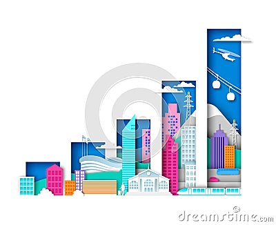 Raising bar graph with city elements, urban landscape.Vector illustration in paper art style. Modern city development. Vector Illustration