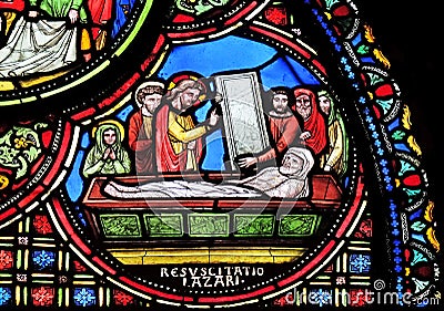 Raising of Lazarus, stained glass window from Saint Germain-l`Auxerrois church in Paris, France Stock Photo