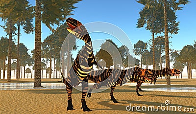 Rajasaurus Hunting Party during Cretaceous Period Stock Photo