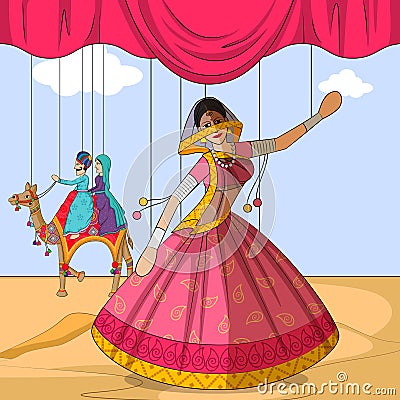 Rajasthani Puppet doing Ghoomar folk dance of Rajasthan, India Vector Illustration