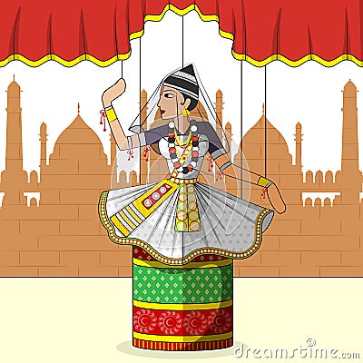 Rajasthani Puppet doing Manipuram classical dance of Manipur, India Vector Illustration