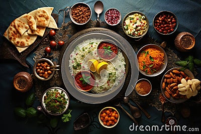 Rajasthani or Rajasthani is a popular Maharashtrian breakfast dish, Delicious food for a Ramadan feast in the table, top view, AI Stock Photo