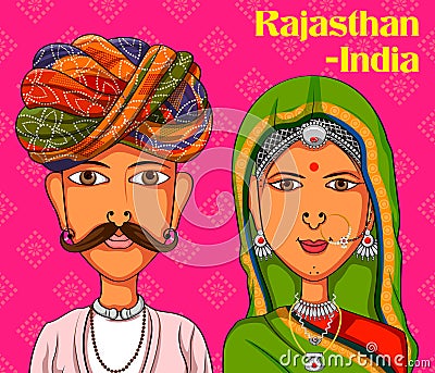 Rajasthanii Couple in traditional costume of Rajasthan, India Vector Illustration