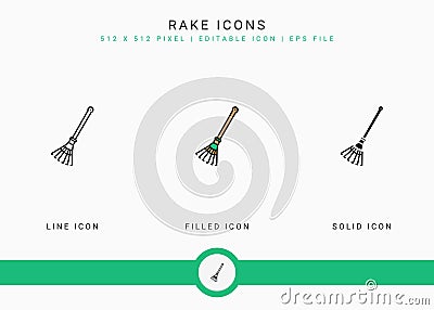 Rake icons set vector illustration with solid icon line style. Plant gardening agriculture concept. Vector Illustration