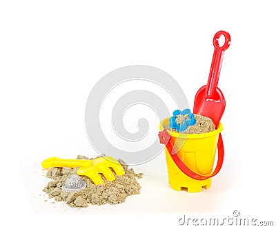 Rake, shovel and bucket with a little sand Stock Photo