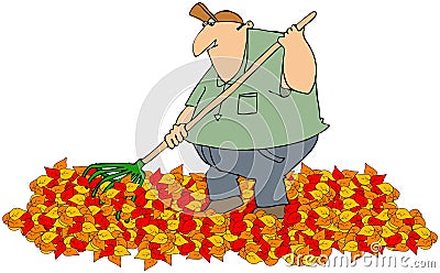 Raking autumn leaves Cartoon Illustration