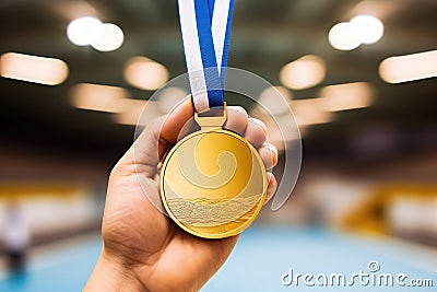 Rale Hand Holding Gold Medal In Sports Setting Stock Photo