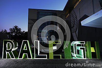 Raleigh, NC - USA - 10-28-2023: The entrance to the Raleigh downtown Convention Center at night Editorial Stock Photo
