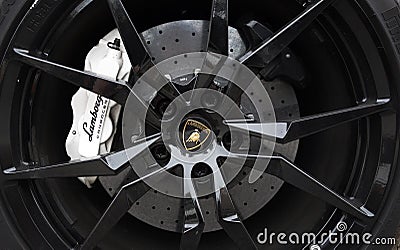 RALEIGH,NC/USA - 09-04-2019: Closeup of a Lamborghini sports car wheel and tire, with the bull logo in the center Editorial Stock Photo